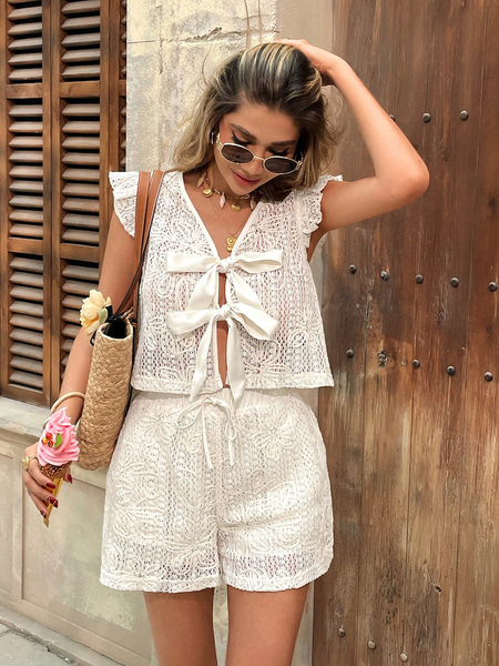 Bộ Quần Áo Nữ Blouse Ren Thêu Tay Loe YN020