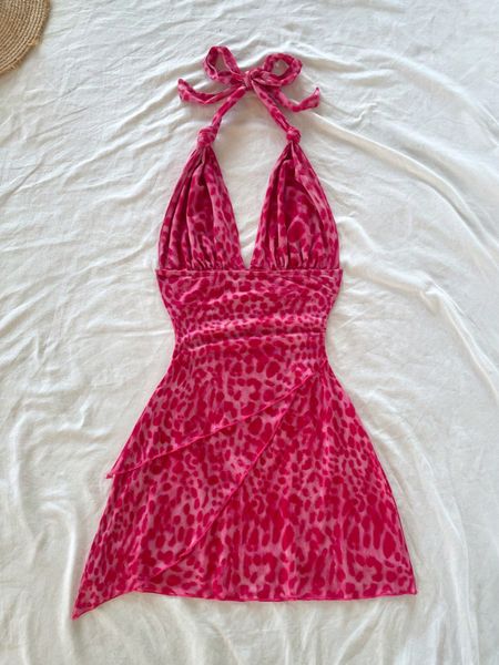 Đầm cổ yếm V buộc dây, thân váy nhún phối lưới họa tiết da báo phong cách vintage YN155