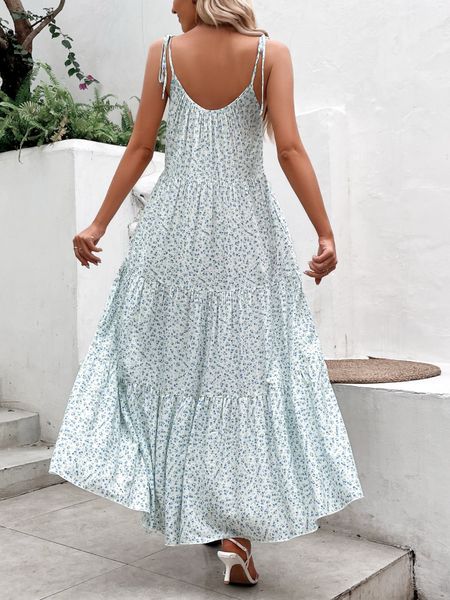 Đầm maxi hai dây cột nơ, chân váy xếp tầng họa tiết hoa nhí YN153