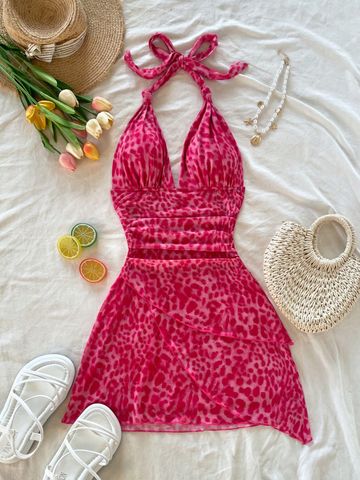 Đầm cổ yếm V buộc dây, thân váy nhún phối lưới họa tiết da báo phong cách vintage YN155