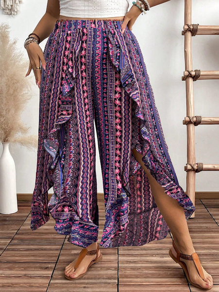 Quần Ống Loe Rộng Nữ Big Size Họa Tiết Hoa, Viền Bèo Nhún YN039