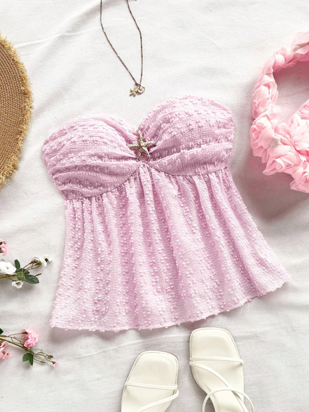 Áo Kiểu Nữ Màu Hồng Sáng, Dáng Quây Nhún Ngực, Họa Tiết Cắt Laser Độc Đáo. Lưng Hở Phối Bèo Mềm Mại, Chiết Eo Dáng Chữ A Tôn Dáng, Điểm Nút Sao Biển. Phù Hợp Đi Biển, Dự Tiệc, Hẹn Hò Valentine YN048