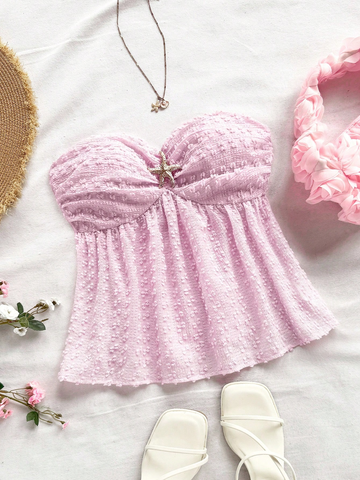 Áo Kiểu Nữ Màu Hồng Sáng, Dáng Quây Nhún Ngực, Họa Tiết Cắt Laser Độc Đáo. Lưng Hở Phối Bèo Mềm Mại, Chiết Eo Dáng Chữ A Tôn Dáng, Điểm Nút Sao Biển. Phù Hợp Đi Biển, Dự Tiệc, Hẹn Hò Valentine YN048