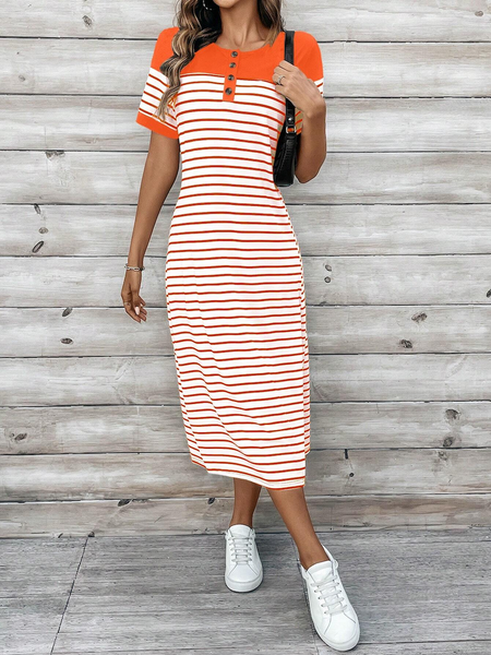 Đầm Sọc Ngang Nữ Dáng Suông Dài Maxi - Đầm Áo Phông Cổ Tròn Xẻ Tà Tay Ngắn YN010