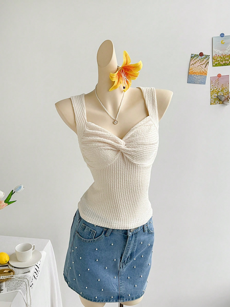 Áo Croptop Nữ Dáng Ôm Màu Be Gân Sọc Vặn Chéo Thân Trước, Phù Hợp Đi Tiệc, Hẹn Hò, Trà Chiều, Dạo Biển YN034