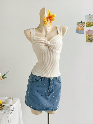 Áo Croptop Nữ Dáng Ôm Màu Be Gân Sọc Vặn Chéo Thân Trước, Phù Hợp Đi Tiệc, Hẹn Hò, Trà Chiều, Dạo Biển YN034