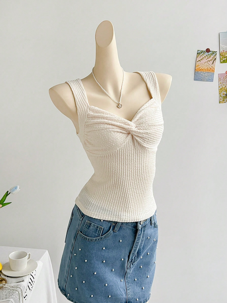 Áo Croptop Nữ Dáng Ôm Màu Be Gân Sọc Vặn Chéo Thân Trước, Phù Hợp Đi Tiệc, Hẹn Hò, Trà Chiều, Dạo Biển YN034