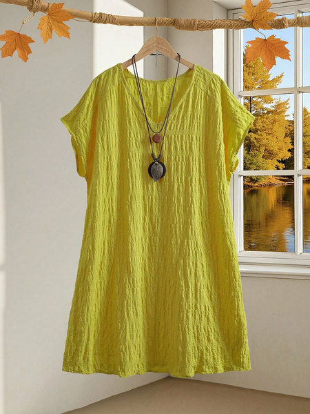 Đầm Big Size Nữ Cổ Chữ V Tay Ngắn Dáng Suông, Nhấn Nhún Phong Cách Tự Do YN036