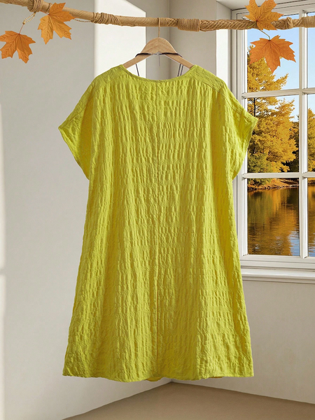 Đầm Big Size Nữ Cổ Chữ V Tay Ngắn Dáng Suông, Nhấn Nhún Phong Cách Tự Do YN036