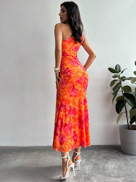 Đầm Lệch Vai Ôm Sát Họa Tiết Hoa Phối Nút Thắt, Kiểu Dáng Thanh Lịch YN016
