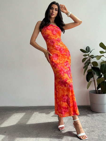 Đầm Lệch Vai Ôm Sát Họa Tiết Hoa Phối Nút Thắt, Kiểu Dáng Thanh Lịch YN016