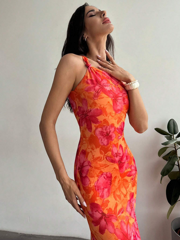 Đầm Lệch Vai Ôm Sát Họa Tiết Hoa Phối Nút Thắt, Kiểu Dáng Thanh Lịch YN016