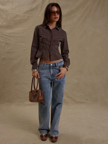 Áo Sơ Mi Nữ Dài Tay Kẻ Sọc Nâu, Thanh Lịch, Ôm Dáng Tôn Dáng YN067