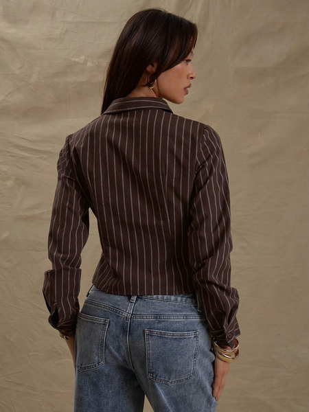 Áo Sơ Mi Nữ Dài Tay Kẻ Sọc Nâu, Thanh Lịch, Ôm Dáng Tôn Dáng YN067