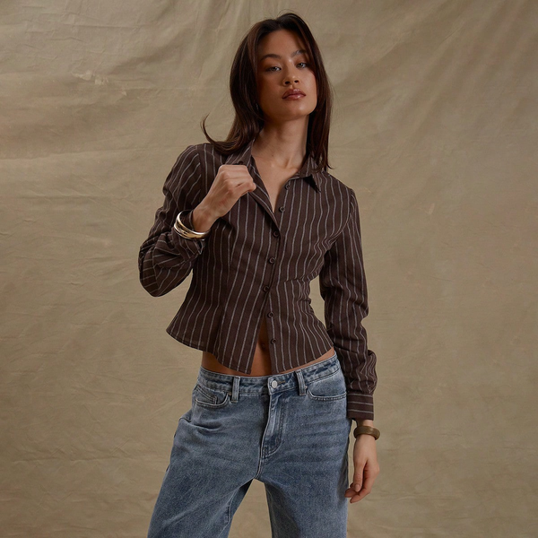 Áo Sơ Mi Nữ Dài Tay Kẻ Sọc Nâu, Thanh Lịch, Ôm Dáng Tôn Dáng YN067