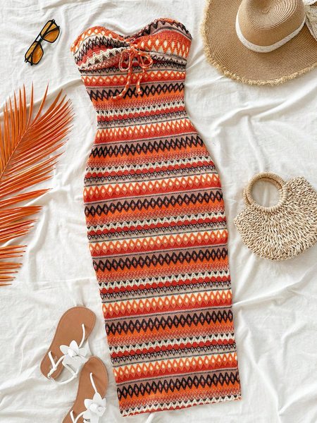 Đầm Nữ Kẻ Sọc Cam Xếp Ly, Thiết Kế Buộc Nơ Phía Trước YN073