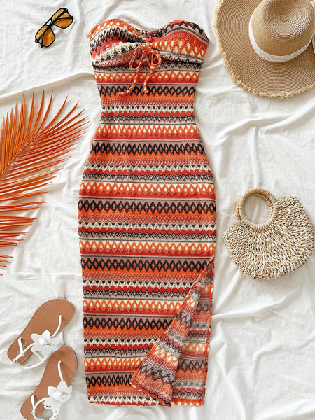 Đầm Nữ Kẻ Sọc Cam Xếp Ly, Thiết Kế Buộc Nơ Phía Trước YN073