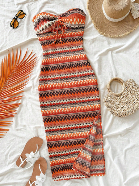 Đầm Nữ Kẻ Sọc Cam Xếp Ly, Thiết Kế Buộc Nơ Phía Trước YN073