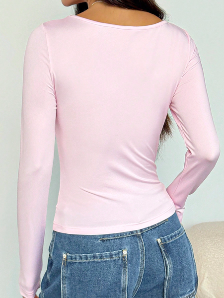 Áo Nữ Cổ V Tay Dài Màu Hồng, Điểm Nhấn Xếp Ly Trước Ngực YN074