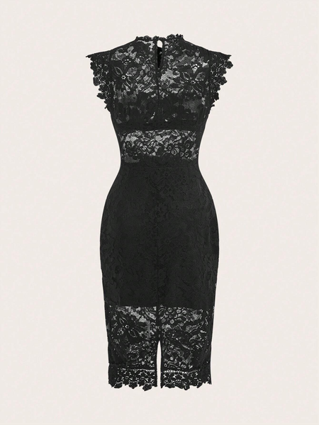 Đầm Ren Đen Cổ Trụ Nhấn Eo Tôn Dáng YN078