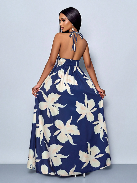 Đầm Maxi Nữ Họa Tiết Hoa Lá Cổ V Sâu Hở Lưng Xẻ Tà Cao YN084