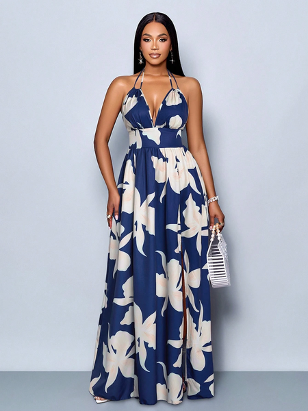 Đầm Maxi Nữ Họa Tiết Hoa Lá Cổ V Sâu Hở Lưng Xẻ Tà Cao YN084
