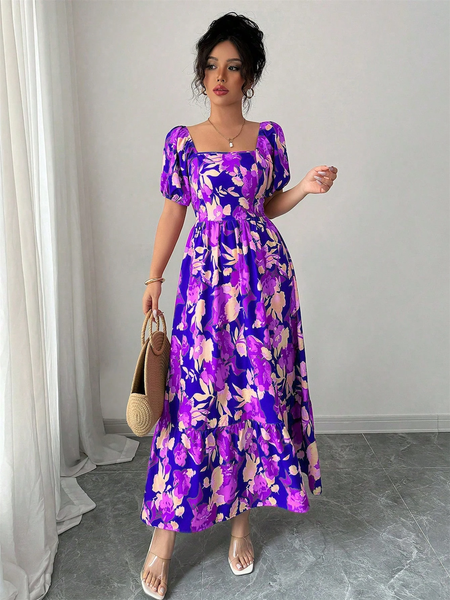 Đầm Nữ In Họa Tiết Tím Tay Phồng Cổ Vuông Nhấn Eo YN085