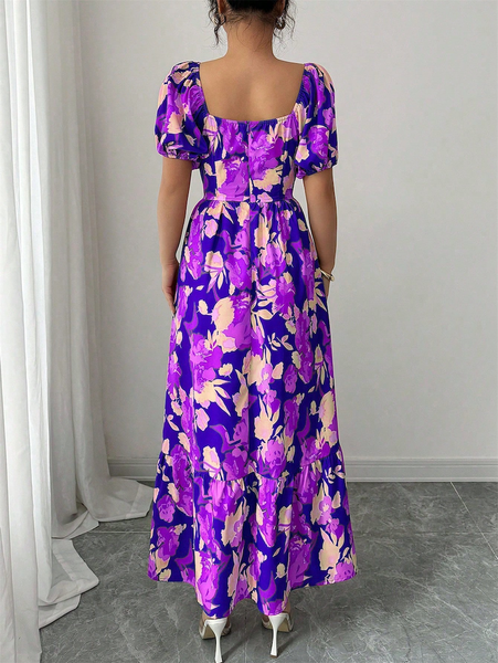 Đầm Nữ In Họa Tiết Tím Tay Phồng Cổ Vuông Nhấn Eo YN085