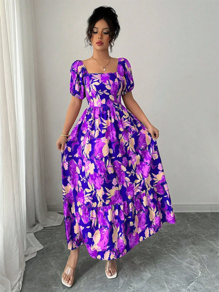 Đầm Nữ In Họa Tiết Tím Tay Phồng Cổ Vuông Nhấn Eo YN085