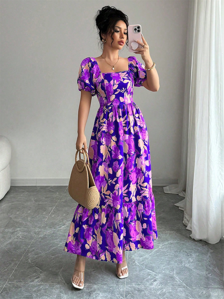 Đầm Nữ In Họa Tiết Tím Tay Phồng Cổ Vuông Nhấn Eo YN085