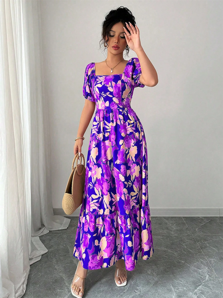 Đầm Nữ In Họa Tiết Tím Tay Phồng Cổ Vuông Nhấn Eo YN085