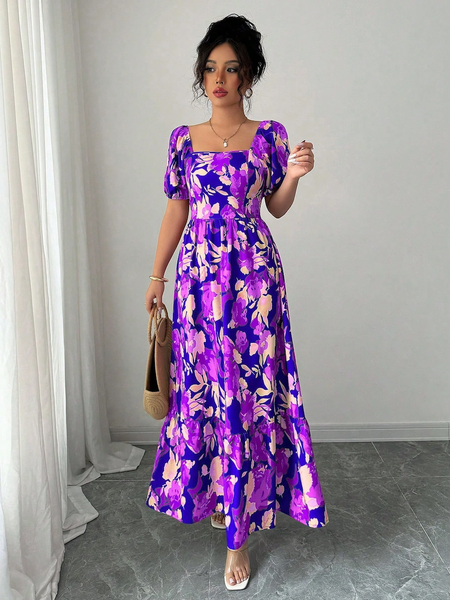 Đầm Nữ In Họa Tiết Tím Tay Phồng Cổ Vuông Nhấn Eo YN085