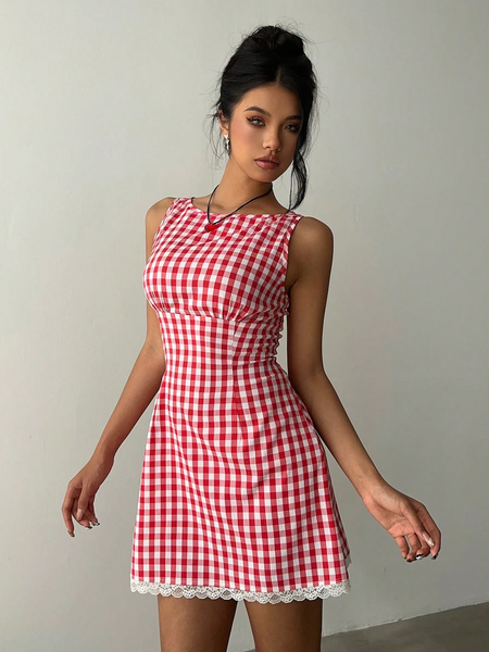 Đầm Mini Nữ Ôm Dáng Kẻ Caro Đỏ, Cổ Thuyền Sát Nách YN088