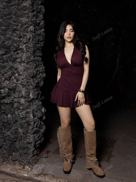 Playsuit Cổ Yếm Hở Lưng Dáng Nhún Lai Bèo YN089