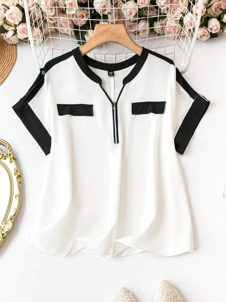 Áo Blouse Nữ Big Size Không Cổ Phối Color Block YN092