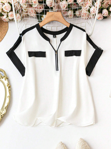Áo Blouse Nữ Big Size Không Cổ Phối Color Block YN092
