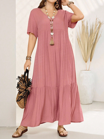 Đầm Dài Hồng Nữ Big Size Cổ Chữ V Tay Ngắn YN102