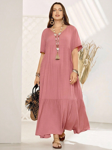 Đầm Dài Hồng Nữ Big Size Cổ Chữ V Tay Ngắn YN102