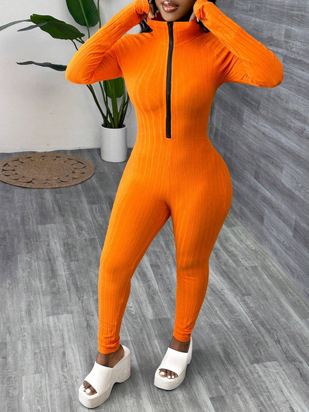 Jumpsuit Nữ Gân Tăm Co Giãn Ôm Dáng Cổ Lọ Màu Cam YN108