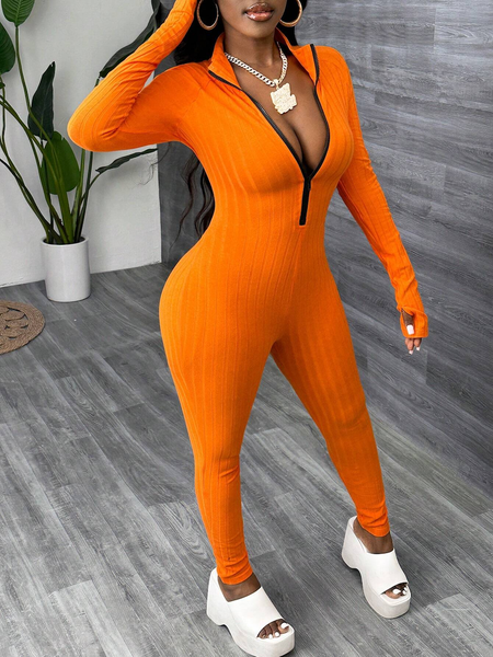 Jumpsuit Nữ Gân Tăm Co Giãn Ôm Dáng Cổ Lọ Màu Cam YN108