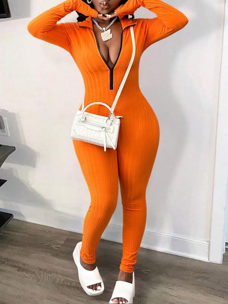 Jumpsuit Nữ Gân Tăm Co Giãn Ôm Dáng Cổ Lọ Màu Cam YN108