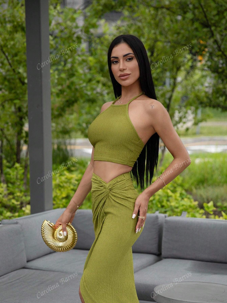 Set Áo Croptop Yếm & Chân Váy Xoắn Eo Xẻ Đùi YN112