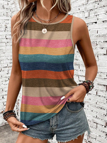 Áo Ba Lỗ Nữ Cổ Tròn Sọc Phối Màu Tươi Tắn YN113