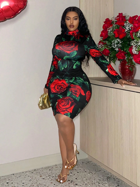 Đầm Ôm Body Cổ Cao Họa Tiết Hoa Hồng Size Lớn YN116