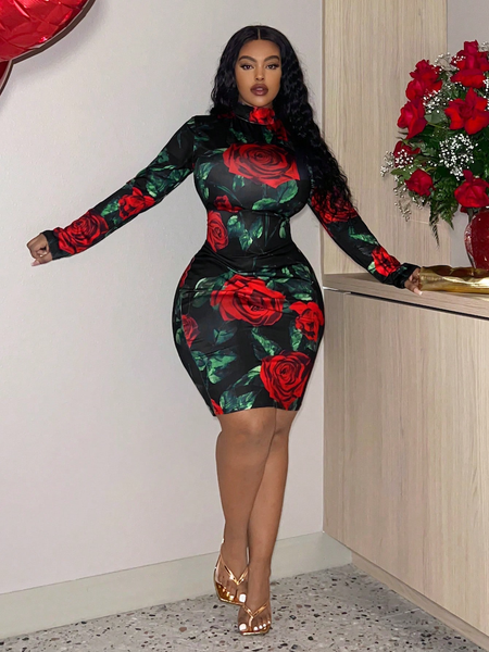 Đầm Ôm Body Cổ Cao Họa Tiết Hoa Hồng Size Lớn YN116