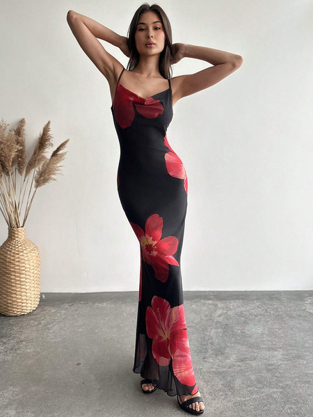 Đầm Nữ Gợi Cảm Hai Dây Cổ V Hở Lưng Phối Lưới Họa Tiết Hoa Ôm Body YN119