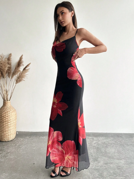 Đầm Nữ Gợi Cảm Hai Dây Cổ V Hở Lưng Phối Lưới Họa Tiết Hoa Ôm Body YN119