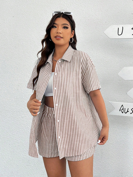 Set Nữ Vải Dệt Kaki Kẻ Sọc Trắng: Áo Sơ Mi & Quần Short Phong Cách Casual YN125