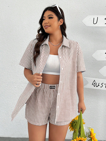 Set Nữ Vải Dệt Kaki Kẻ Sọc Trắng: Áo Sơ Mi & Quần Short Phong Cách Casual YN125