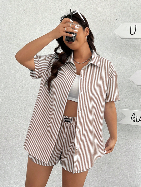 Set Nữ Vải Dệt Kaki Kẻ Sọc Trắng: Áo Sơ Mi & Quần Short Phong Cách Casual YN125